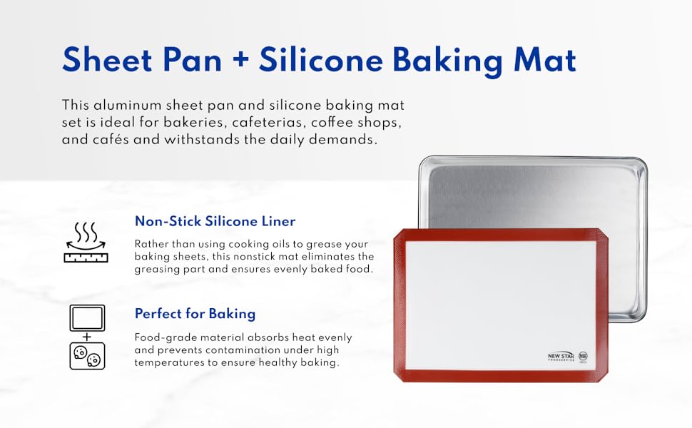 New Star Foodservice Commercial 18-Gauge Aluminum Sheet Pan & Silicone Baking Mat Set, 9 x 13 inch (Quarter Size)