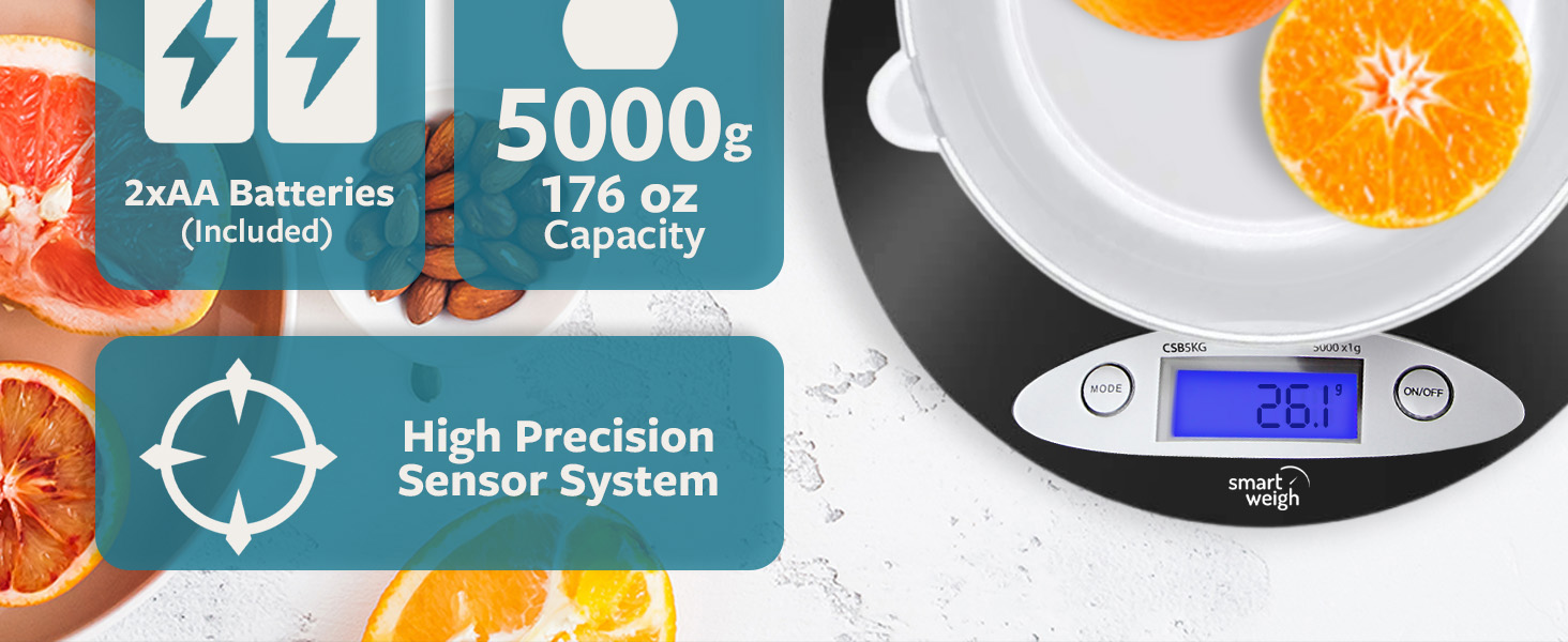 Smart Weigh Digital Kitchen Scale with Removable Bowl – 11lb/5kg Capacity, 0.1oz/1g Precision – High Accuracy Food Scale for Baking, Cooking & Meal Prep (Black)