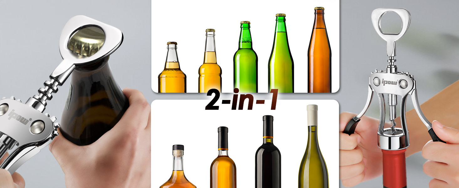 IPOW Wine Opener, Zinc Alloy Wine Bottle Opener, Wing Corkscrew Heavy Duty, Manual Multifunctional Cork Screw for Waiter, Silver