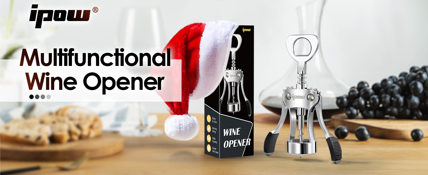 IPOW Wine Opener, Zinc Alloy Wine Bottle Opener, Wing Corkscrew Heavy Duty, Manual Multifunctional Cork Screw for Waiter, Silver