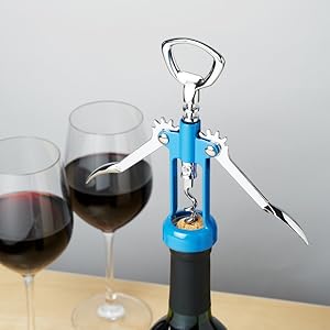 True Soar Winged Corkscrew Wine Opener, Multi-Purpose Bottle Opener for Beer and Soda, Stainless Steel with Chrome Finish, Easy to Remove Cork for Bartenders, Home Bar, Kitchen, Set of 1, Blue