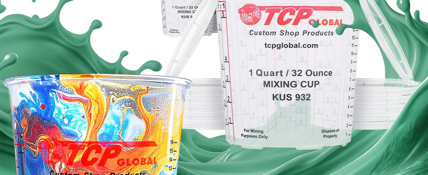 Custom Shop Paint Mixing Cups, 32-Ounce (Box of 100) - Plastic Measuring Cups for Liquids, Automotive Painting, Epoxy Resin, Acrylic Arts, Crafts, Disposable or Reusable, Graduated, Mixing Ratios