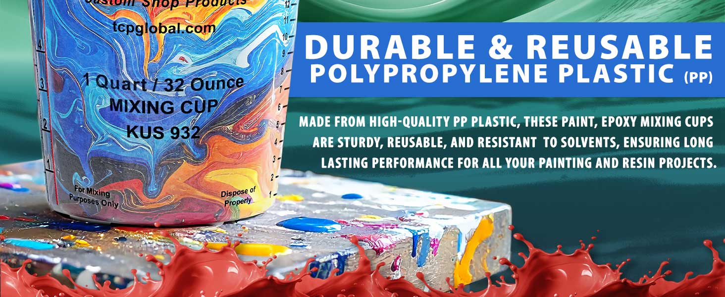 Custom Shop Paint Mixing Cups, 32-Ounce (Box of 100) - Plastic Measuring Cups for Liquids, Automotive Painting, Epoxy Resin, Acrylic Arts, Crafts, Disposable or Reusable, Graduated, Mixing Ratios