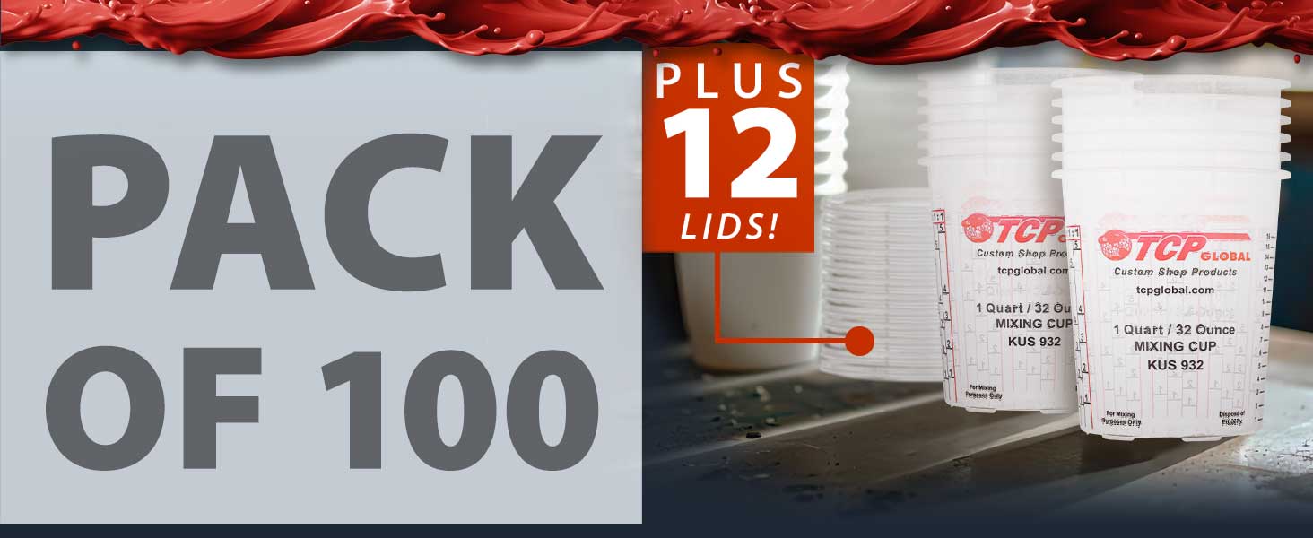 Custom Shop Paint Mixing Cups, 32-Ounce (Box of 100) - Plastic Measuring Cups for Liquids, Automotive Painting, Epoxy Resin, Acrylic Arts, Crafts, Disposable or Reusable, Graduated, Mixing Ratios