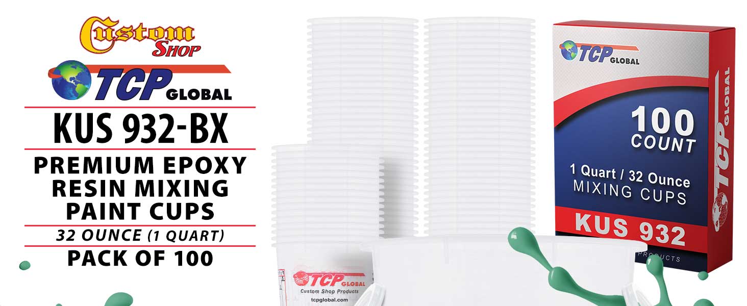 Custom Shop Paint Mixing Cups, 32-Ounce (Box of 100) - Plastic Measuring Cups for Liquids, Automotive Painting, Epoxy Resin, Acrylic Arts, Crafts, Disposable or Reusable, Graduated, Mixing Ratios