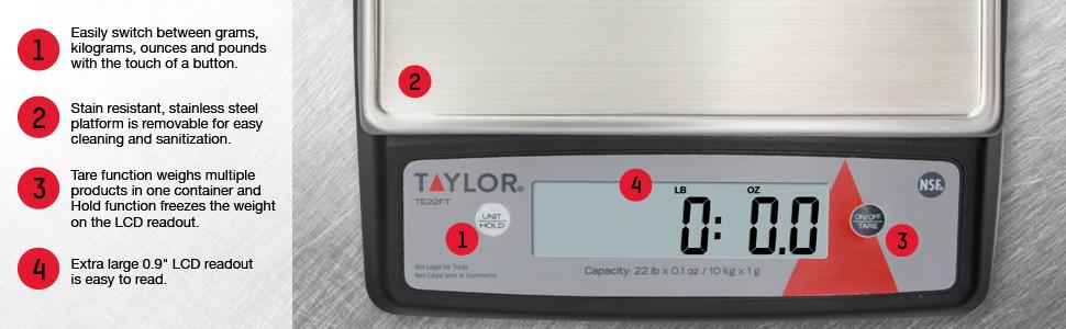 Taylor TE22FT 22-Pound Digital Portion Control Scale, Food Scale for Precise Weight Measuring and Portion Control, Tare and Hold Function, NSF, Stainless Steel Platform