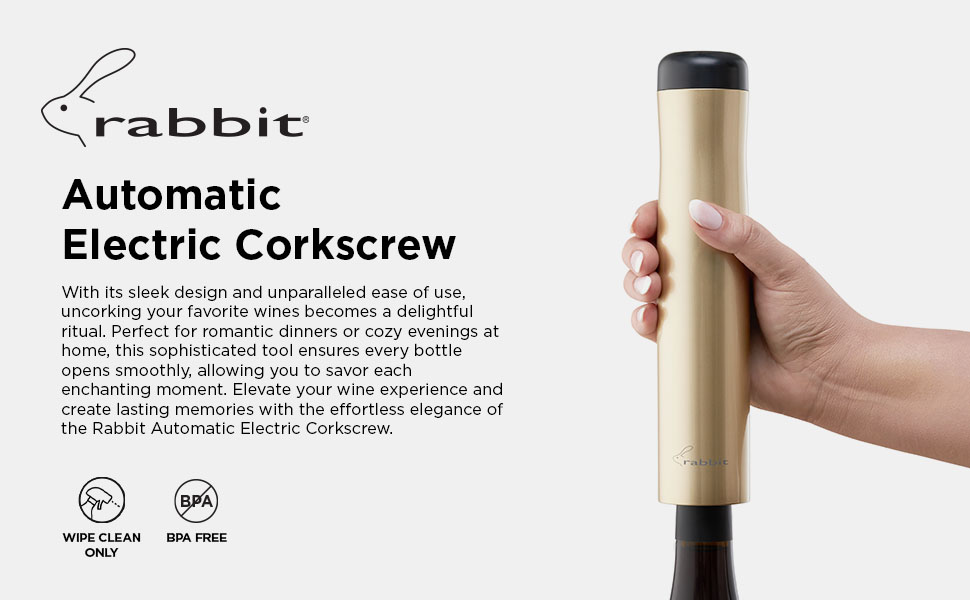 Rabbit Automatic Electric Corkscrew Wine Opener, Cordless Rechargeable, One-Touch Operation, Sleek Shiny Black Finish, Easy to Use for Wine Lovers