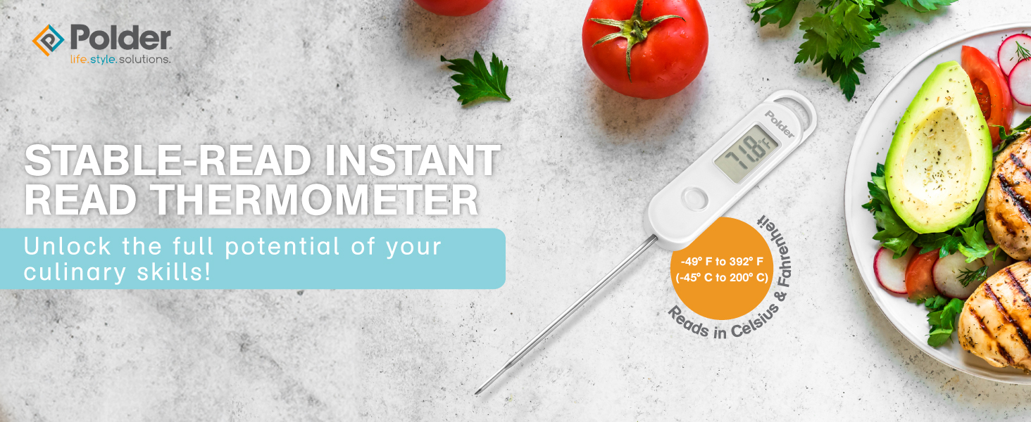 Polder Stable-Read Instant Read Thermometer, Digital Thermometer for Cooking, Food Thermometer, Cooking Thermometer with Easy-to-Read Digital Display