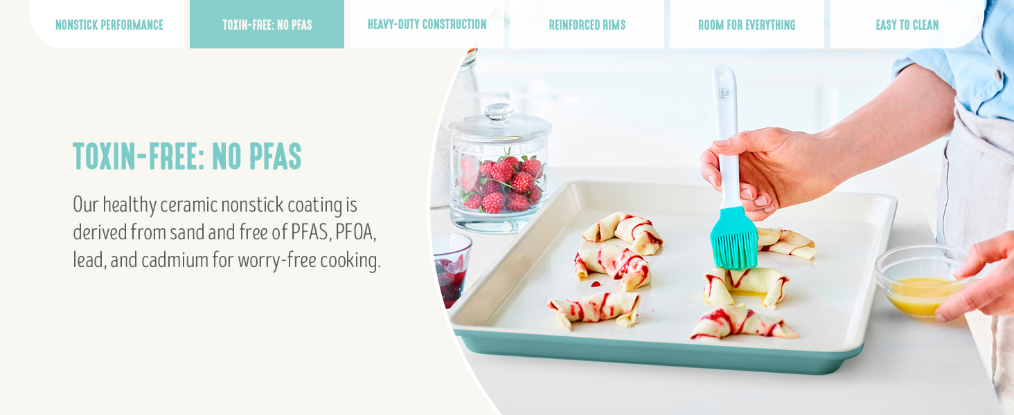 GreenLife Bakeware 18” x 13” Half Cookie Sheet Baking Pan, Non-Toxic PFAS-Free Healthy Ceramic Nonstick, Oven Safe to 450°F, Easy Release, Even Heating, Easy Clean, Turquoise