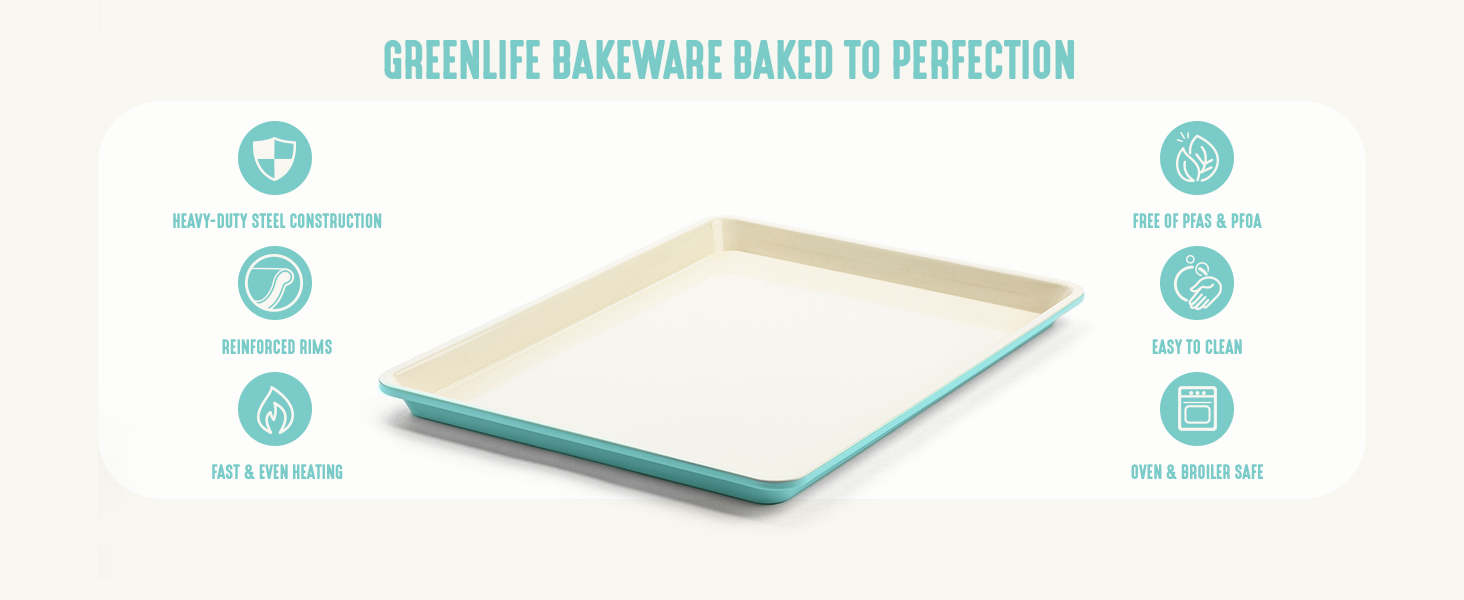 GreenLife Bakeware 18” x 13” Half Cookie Sheet Baking Pan, Non-Toxic PFAS-Free Healthy Ceramic Nonstick, Oven Safe to 450°F, Easy Release, Even Heating, Easy Clean, Turquoise