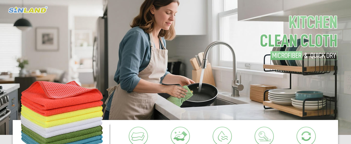 SINLAND Microfiber Dish Cloths for Washing Dishes Towels Best Kitchen Washcloth Cleaning Rags Cloths with Poly Scour Side - Used for Plates, Bowls and Dishes, 5 Color Assorted 12inchx12inch 10pack