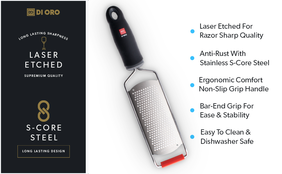 DI ORO Zester Grater - Stainless Steel Lemon Zester with Handle - Parmesan Cheese Grater Razor Sharp - Kitchen Citrus Zester Tool for Grating & Shredding Garlic, Ginger, & Lemons - Dishwasher Safe