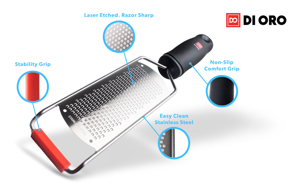 DI ORO Zester Grater - Stainless Steel Lemon Zester with Handle - Parmesan Cheese Grater Razor Sharp - Kitchen Citrus Zester Tool for Grating & Shredding Garlic, Ginger, & Lemons - Dishwasher Safe