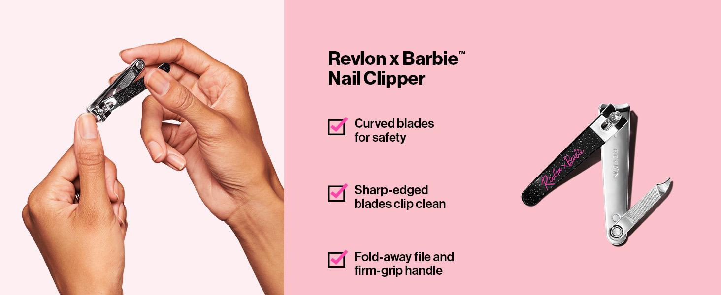 Revlon x Barbie Nail Clipper, Stainless Steel Non-Corrosive Mess Free Curved Blade Fingernail Toenail Cutter