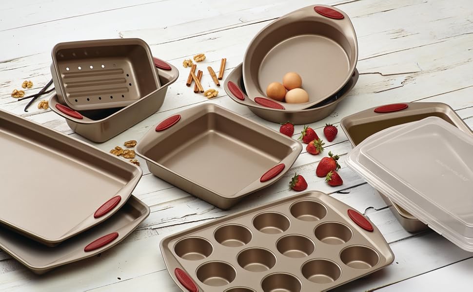 Rachael Ray Cucina Nonstick Bakeware Set Baking Cookie Sheets Cake Muffin Bread Pan, 10 Piece, Latte Brown with Cranberry Red Grips