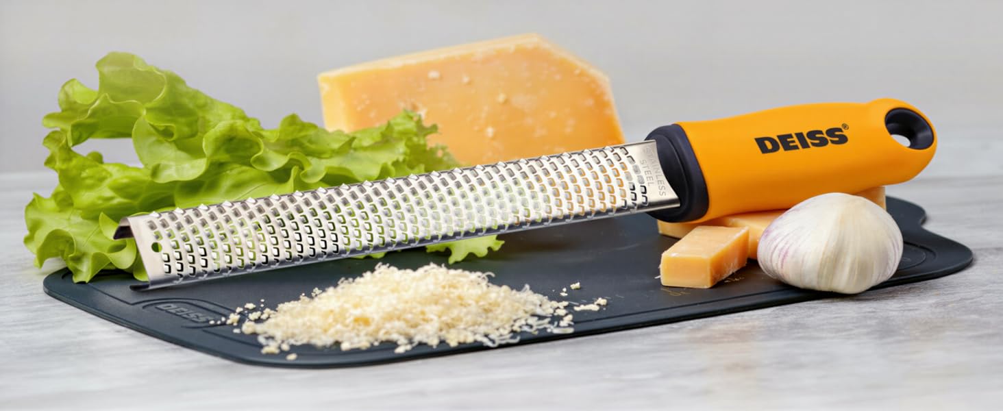 Deiss PRO Citrus Zester & Cheese Grater — Parmesan Cheese Lemon, Ginger, Garlic, Nutmeg, Chocolate, Vegetables, Fruits - Razor-Sharp Stainless Steel Blade, Wide, Dishwasher Safe
