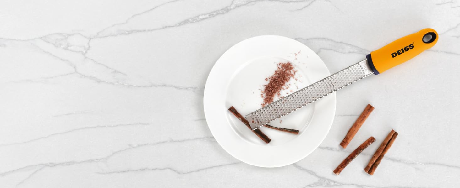 Deiss PRO Citrus Zester & Cheese Grater — Parmesan Cheese Lemon, Ginger, Garlic, Nutmeg, Chocolate, Vegetables, Fruits - Razor-Sharp Stainless Steel Blade, Wide, Dishwasher Safe