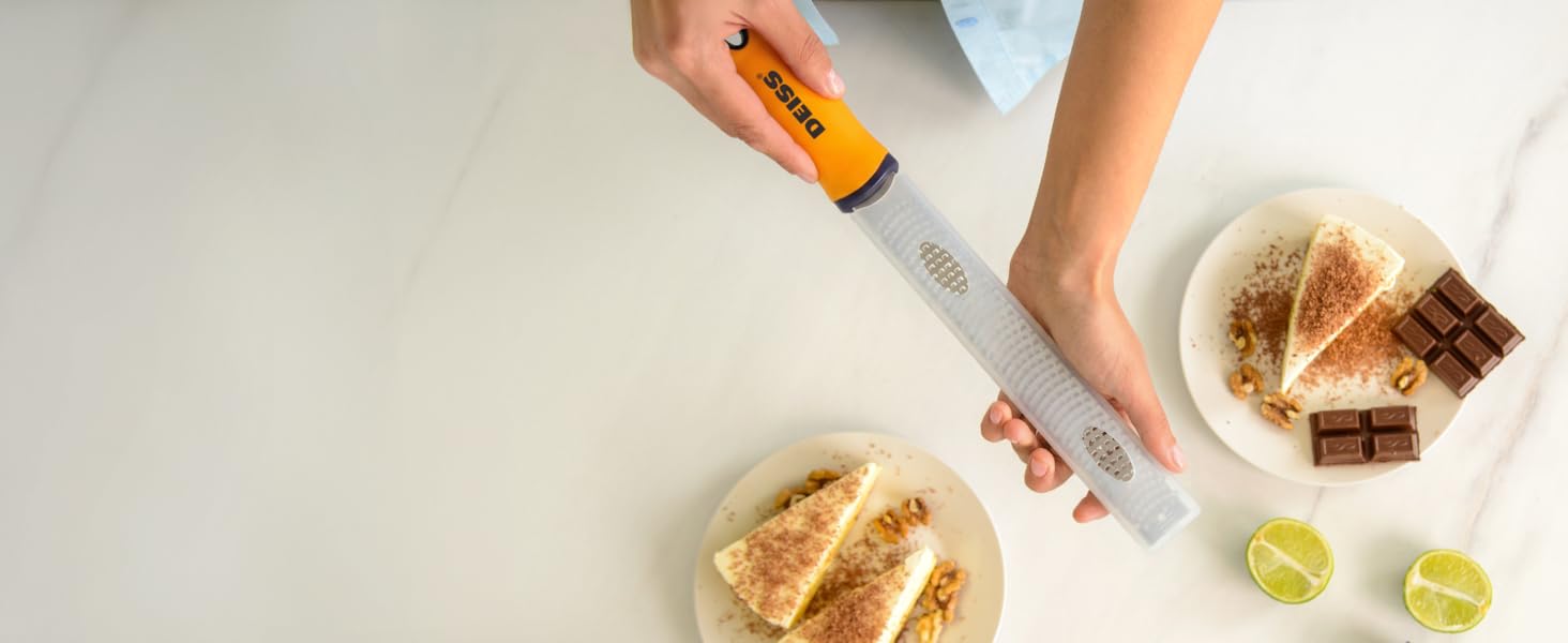 Deiss PRO Citrus Zester & Cheese Grater — Parmesan Cheese Lemon, Ginger, Garlic, Nutmeg, Chocolate, Vegetables, Fruits - Razor-Sharp Stainless Steel Blade, Wide, Dishwasher Safe