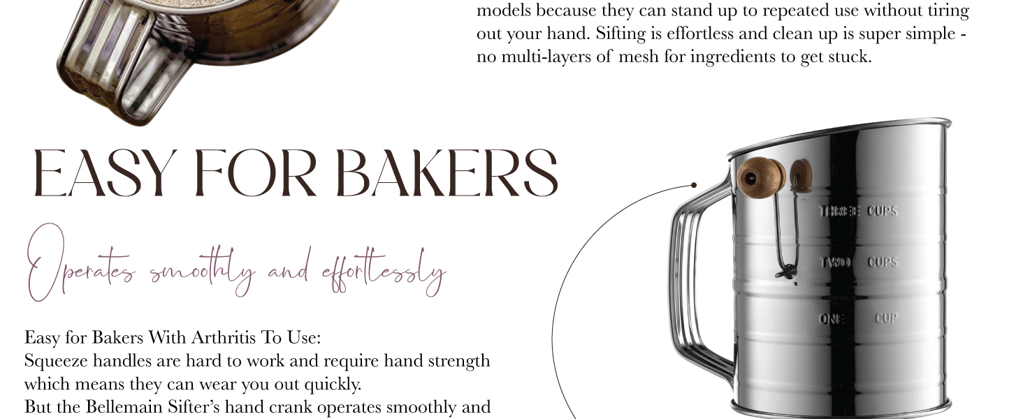 Bellemain 3 Cup Flour Sifter for Baking Fine Mesh Rotary Hand Crank with Loop Agitator for Quick Sifting, Flour Sifter Stainlees Steel