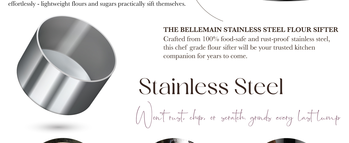 Bellemain 3 Cup Flour Sifter for Baking Fine Mesh Rotary Hand Crank with Loop Agitator for Quick Sifting, Flour Sifter Stainlees Steel