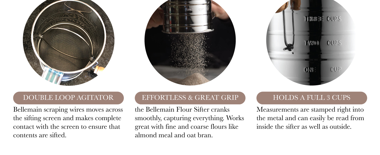 Bellemain 3 Cup Flour Sifter for Baking Fine Mesh Rotary Hand Crank with Loop Agitator for Quick Sifting, Flour Sifter Stainlees Steel