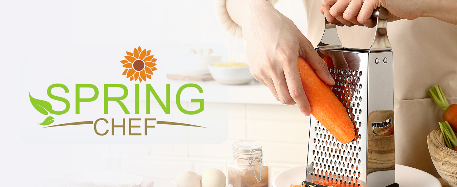 Spring Chef Professional Large Parmesan Cheese Grater, Stainless Steel Metal Box Grater with Handle, 4 Sided Handheld Kitchen Food Shredder for Cheese, Carrot, Veggie, Ginger, Potato - Dishwasher Safe