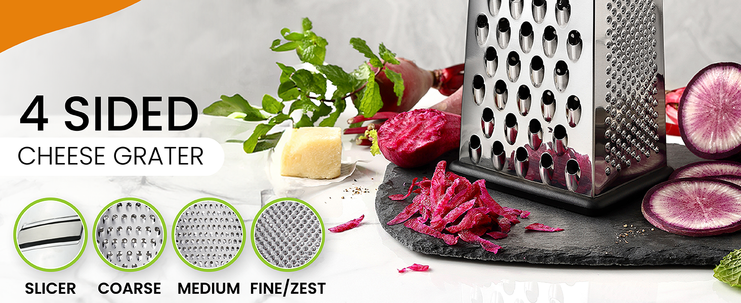 Spring Chef Professional Large Parmesan Cheese Grater, Stainless Steel Metal Box Grater with Handle, 4 Sided Handheld Kitchen Food Shredder for Cheese, Carrot, Veggie, Ginger, Potato - Dishwasher Safe