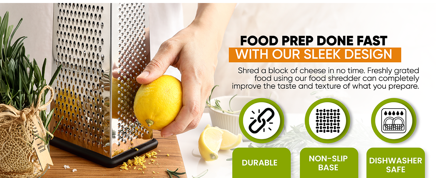 Spring Chef Professional Large Parmesan Cheese Grater, Stainless Steel Metal Box Grater with Handle, 4 Sided Handheld Kitchen Food Shredder for Cheese, Carrot, Veggie, Ginger, Potato - Dishwasher Safe