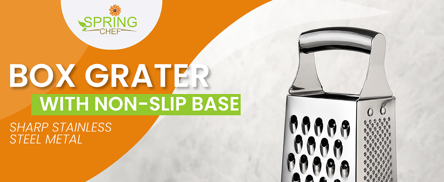 Spring Chef Professional Large Parmesan Cheese Grater, Stainless Steel Metal Box Grater with Handle, 4 Sided Handheld Kitchen Food Shredder for Cheese, Carrot, Veggie, Ginger, Potato - Dishwasher Safe