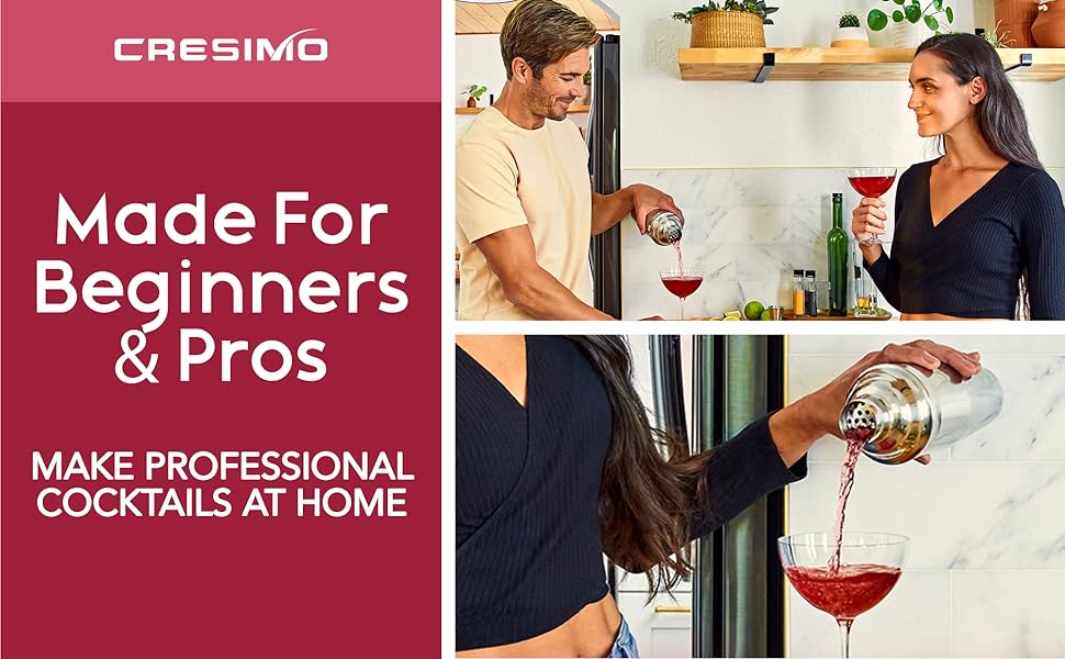 Cresimo 24oz Cocktail Shaker Set with Bar Accessories for Home Bar - Martini Shaker with Jigger and Drink Mixer Spoon - Alcohol Bartender Gift - Bartending Kit Essential for Home