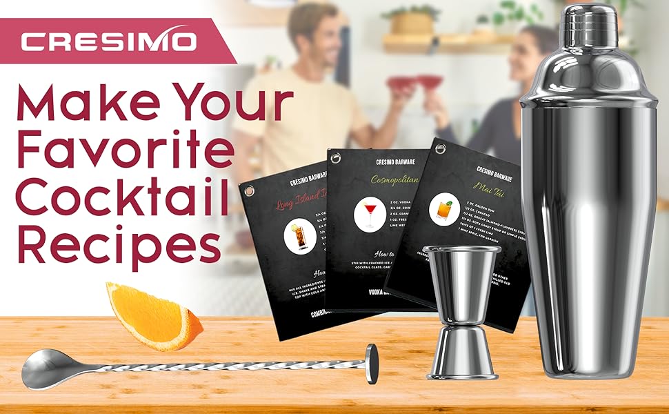 Cresimo 24oz Cocktail Shaker Set with Bar Accessories for Home Bar - Martini Shaker with Jigger and Drink Mixer Spoon - Alcohol Bartender Gift - Bartending Kit Essential for Home