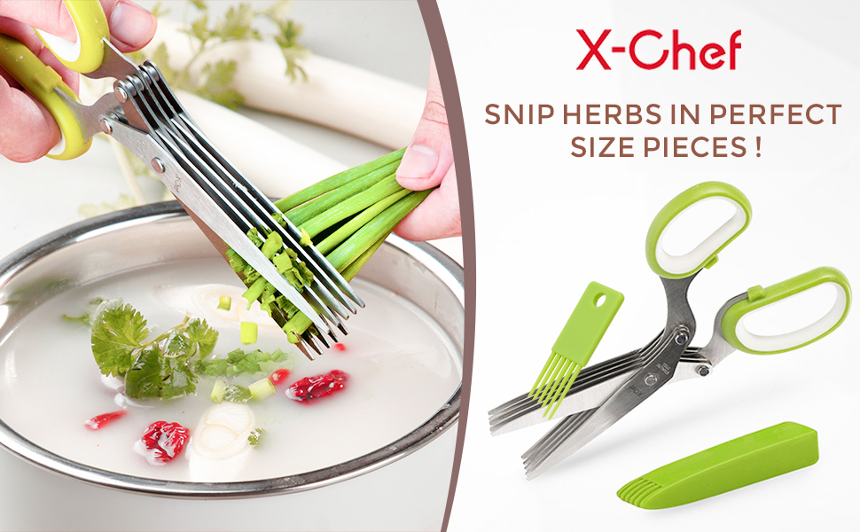 Herb Scissors, X-Chef Multipurpose 5 Blade Kitchen Herb Shears Herb Cutter with Safety Cover and Cleaning Comb for Chopping Basil Chive Parsley (Green)