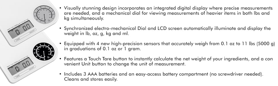 Ozeri ZK18-WB Rev Digital Kitchen Scale with Electro-Mechanical Weight Dial, Black Dial