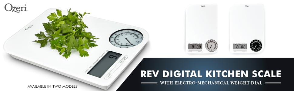 Ozeri ZK18-WB Rev Digital Kitchen Scale with Electro-Mechanical Weight Dial, Black Dial