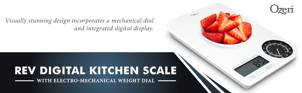 Ozeri ZK18-WB Rev Digital Kitchen Scale with Electro-Mechanical Weight Dial, Black Dial