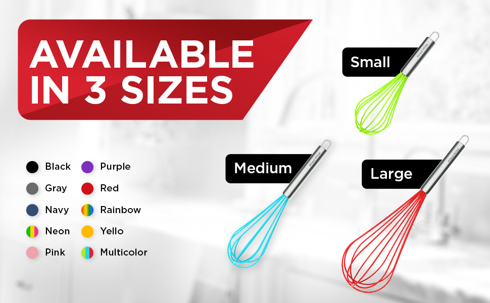 Silicone Whisk Set of 3 - wire whisk for Cooking Non-Scratch - whisks for cooking - Hand Whisk - whisker tool - wisking tool stainless