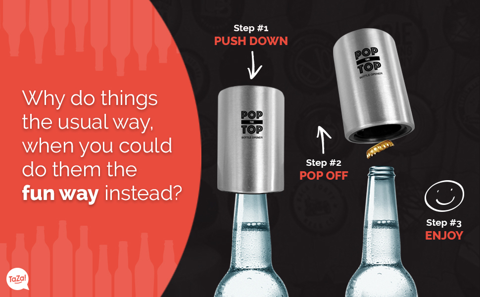 Pop-the-Top Beer Bottle Opener (Stainless): Automatic Bottle Cap Opener, Push Down Pop Off Bar Tool, Soda and Beer Cap Remover, Cool & Fun Gadget