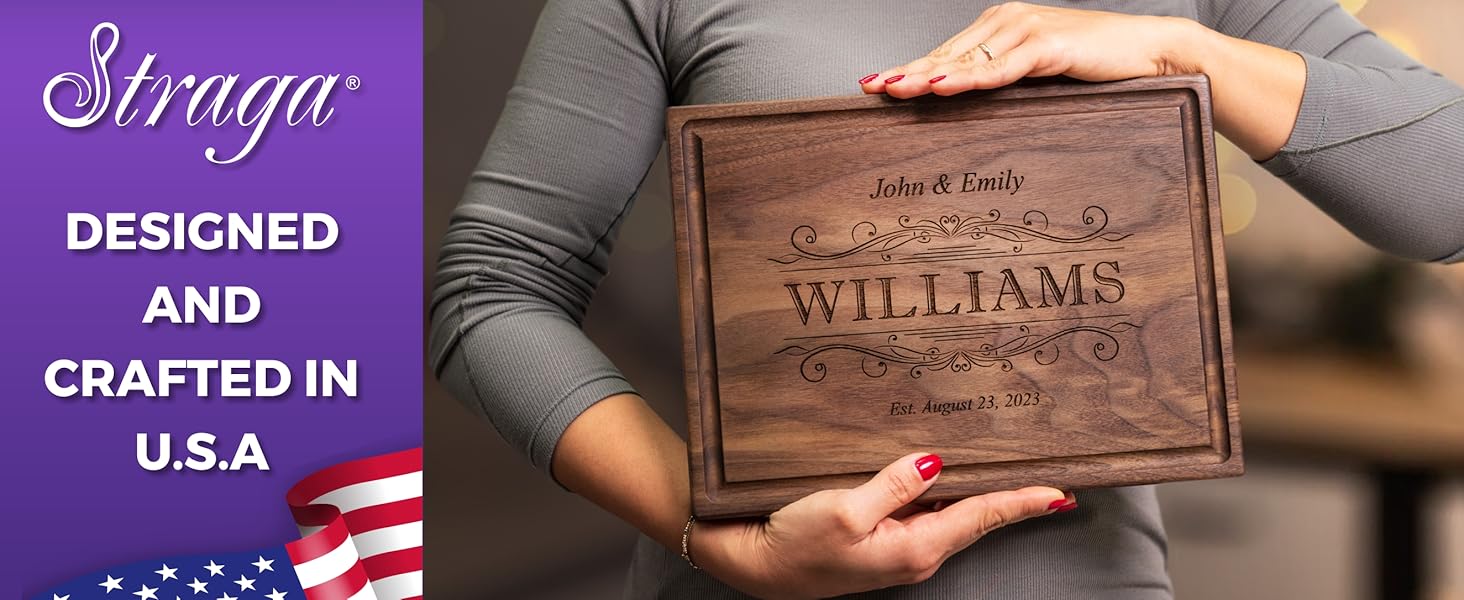 Straga Personalized Cutting Board-Custom Engraved Charcuterie Board-Best Wedding Gift Idea for Couples 2026, Newlyweds-Anniversary,Housewarming,Handcrafted in USA-Premium Walnut,Mahogany Hardwood 002