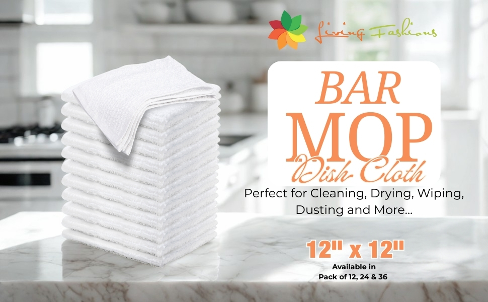 Living Fashions Bar Mop Cleaning Kitchen Dish Cloth Towels,100% Cotton, Machine Washable, Everyday Kitchen Basic Utility Bar Mop Dishcloth Set of 12, White