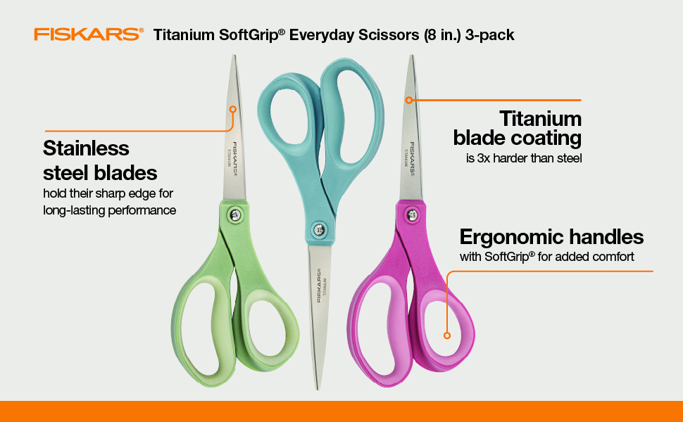 Fiskars 8” Comfort Grip Titanium Multipurpose Scissors with Ergonomic Handles for Everyday Cutting Tasks, Sharp Scissors for Home, Office, Crafts, Multicolor 3-Pack