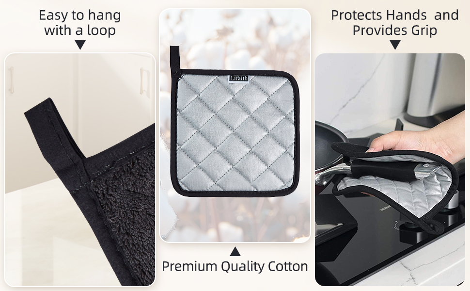 100% Cotton Kitchen Everyday Basic Terry Pot Holder Heat Resistant Coaster Potholder for Cooking and Baking Set of 5 Grey