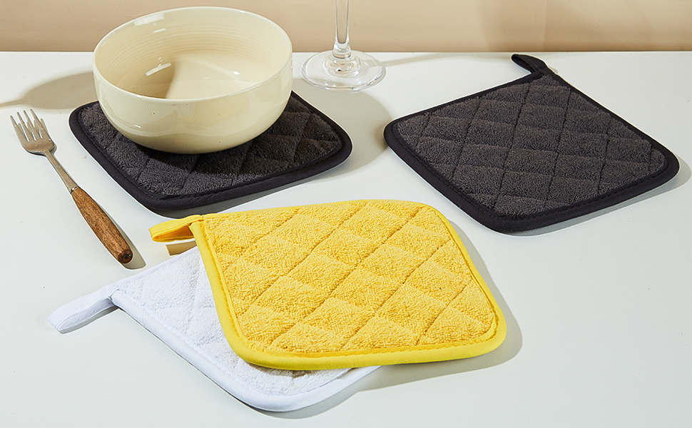 100% Cotton Kitchen Everyday Basic Terry Pot Holder Heat Resistant Coaster Potholder for Cooking and Baking Set of 5 Grey