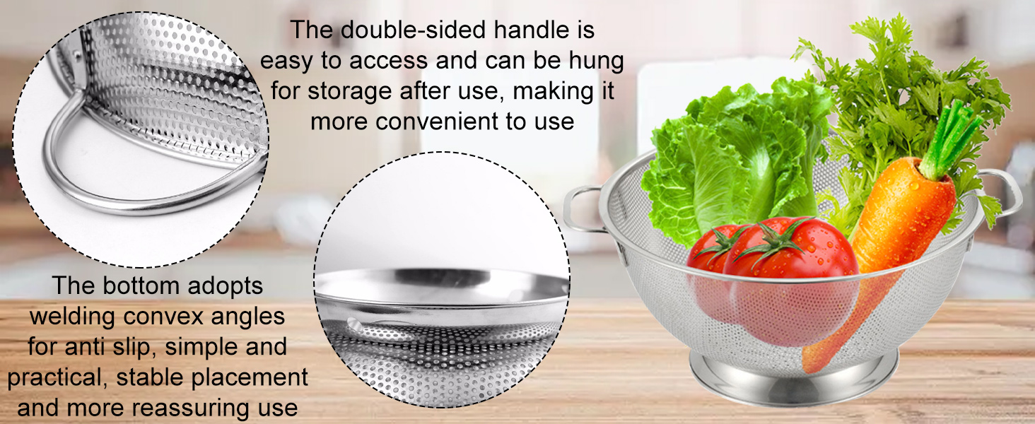 DLD Stainless Steel Micro-Perforated 5-Quart Colander - Professional Strainer with Heavy Duty Handles and Self-draining Solid Ring Base - Dishwasher Safe