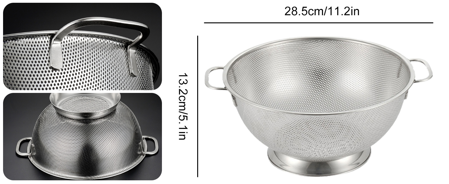 DLD Stainless Steel Micro-Perforated 5-Quart Colander - Professional Strainer with Heavy Duty Handles and Self-draining Solid Ring Base - Dishwasher Safe