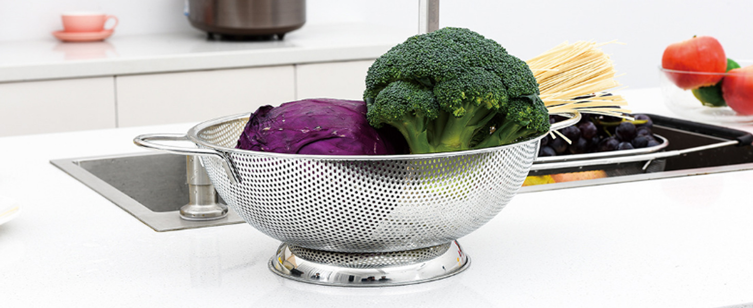 DLD Stainless Steel Micro-Perforated 5-Quart Colander - Professional Strainer with Heavy Duty Handles and Self-draining Solid Ring Base - Dishwasher Safe