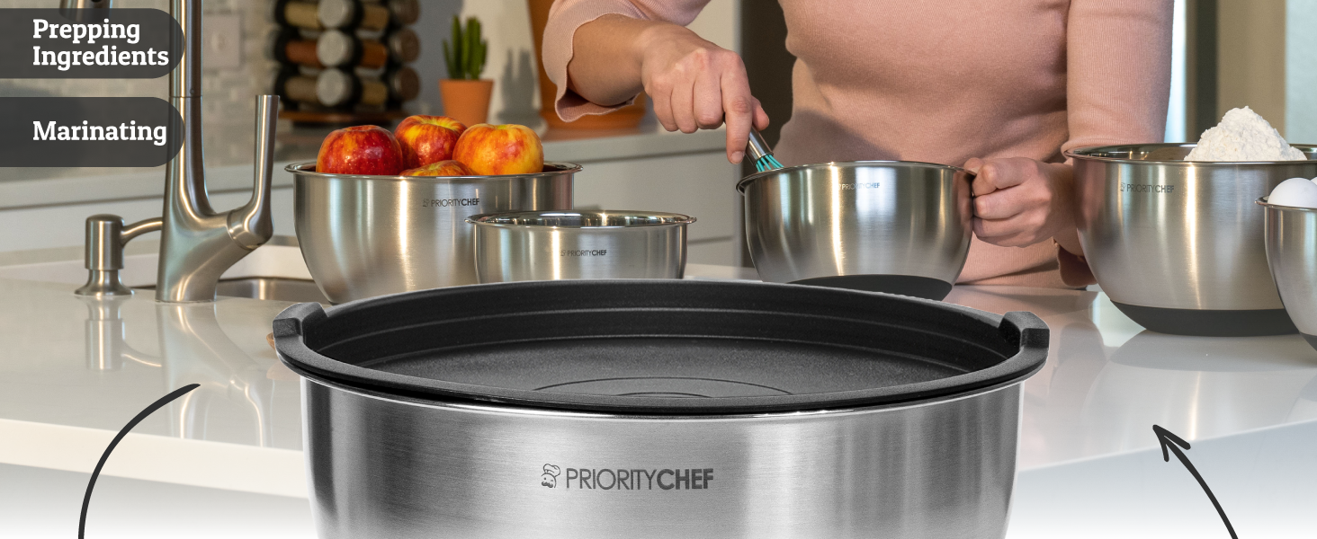 Priority Chef Premium Mixing Bowls With Lids Set, Airtight Lids, Thicker Stainless Steel, Non-Slip Base, 5 Nesting Steel Bowls for Kitchen, Large Prep Metal Bowl Set 1.5/2/3/4/5 Qt, Black