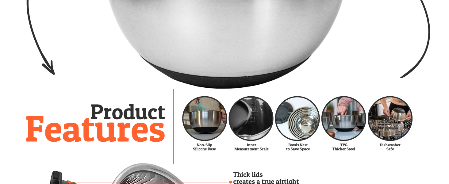 Priority Chef Premium Mixing Bowls With Lids Set, Airtight Lids, Thicker Stainless Steel, Non-Slip Base, 5 Nesting Steel Bowls for Kitchen, Large Prep Metal Bowl Set 1.5/2/3/4/5 Qt, Black