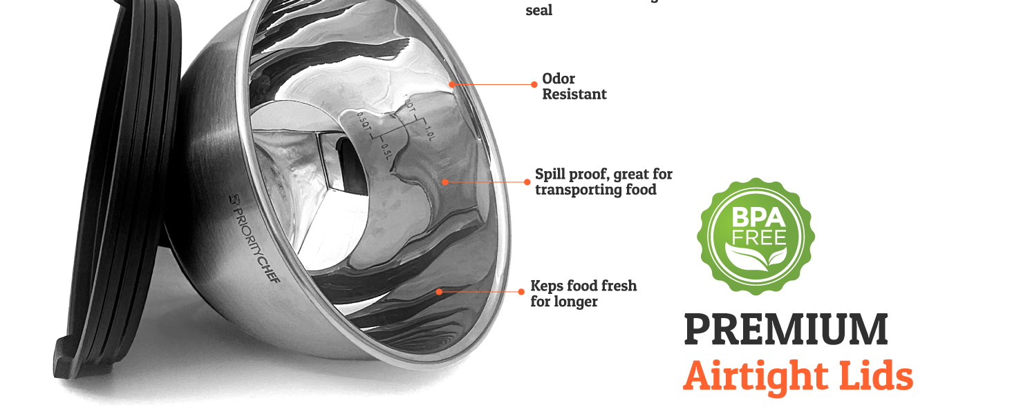 Priority Chef Premium Mixing Bowls With Lids Set, Airtight Lids, Thicker Stainless Steel, Non-Slip Base, 5 Nesting Steel Bowls for Kitchen, Large Prep Metal Bowl Set 1.5/2/3/4/5 Qt, Black