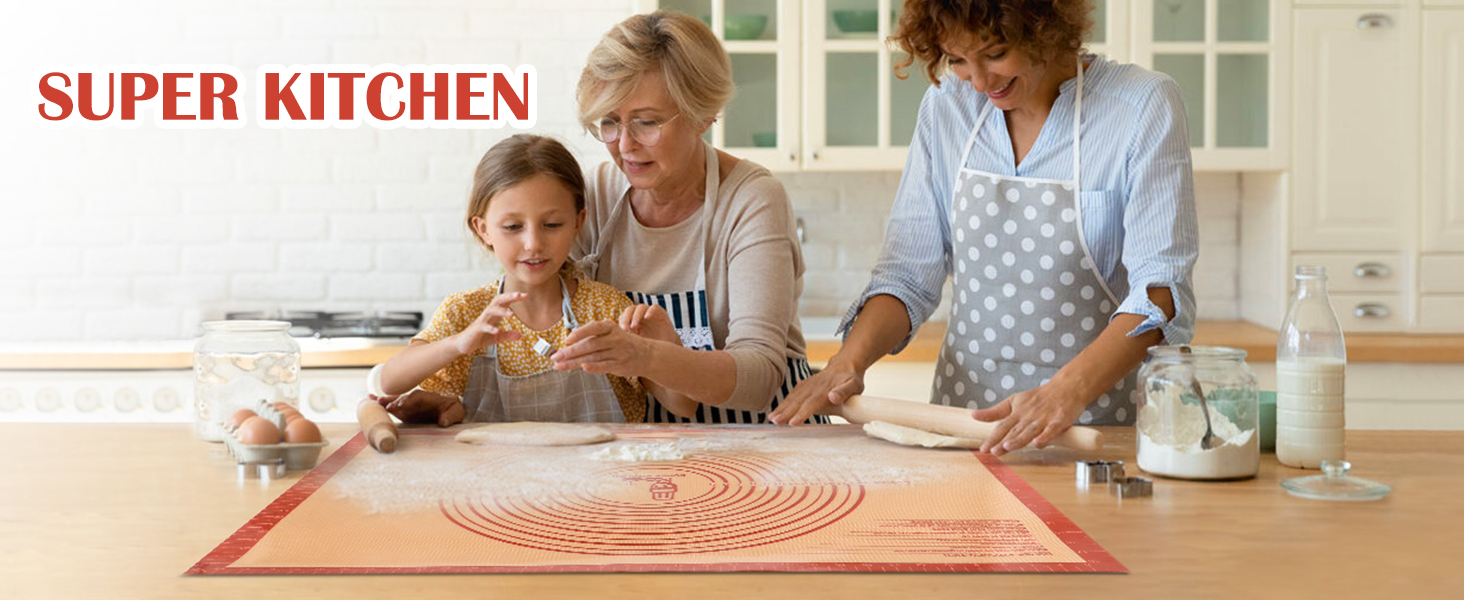 Non-slip Silicone Pastry Mat Extra Large with Measurements 28''By 20'' for Silicone Baking Mat, Counter, Dough Rolling, Oven Liner,Fondant/Pie Crust By Folksy Super Kitchen Red