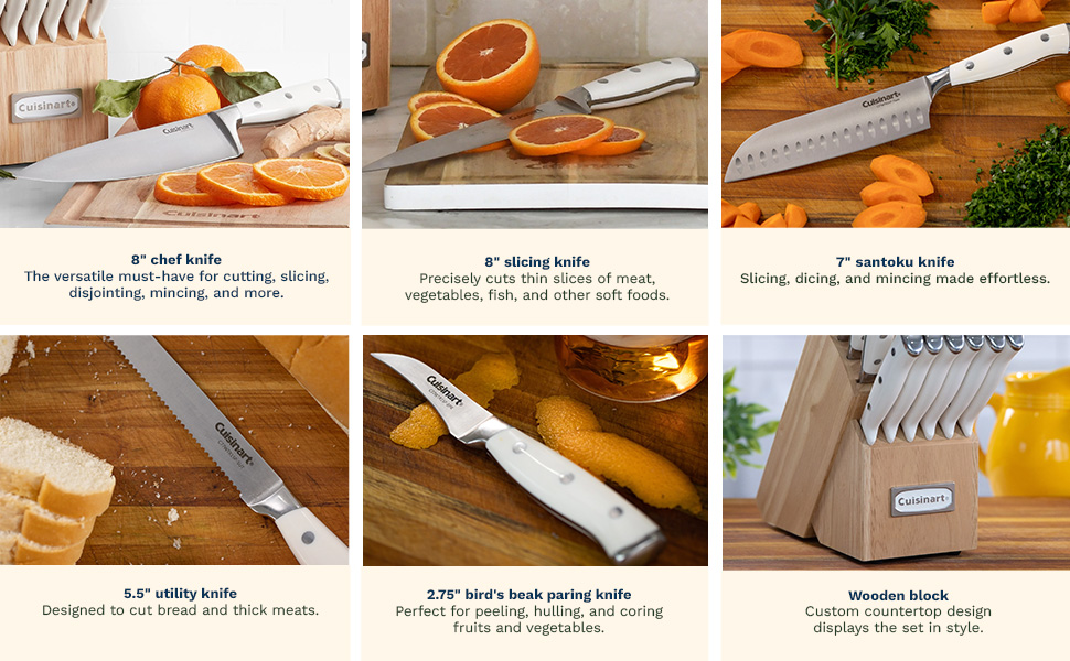 Cuisinart 15-Piece Knife Set with Block, High Carbon Stainless Steel, Forged Triple Rivet, White, C77WTR-15P